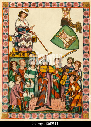 Heinrich Frauenlob von Meissen - portrait of the Minnesinger, or medieval German courtly love poet, with his musicians. Illustration from the Codex Manesse, c.1300. c. 1250 - 1318. Minnesingers.  Middle Ages. Knight. Chivalry. Drum, pipe, fiddle - with curved bow, psaltery. Minnesang. Minnesänger. Mittelhochdeutsch. Middle High German. Stock Photo
