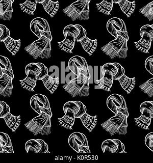 White scarves on blackbackdrop, vector winter scarves seamless pattern Stock Vector