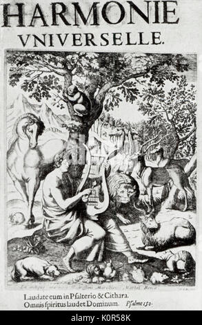 Marin Mersenne, title page for 'Harmonie universelle' 2 vols pub Paris 1636-7. Titlepage with Orpheus & the wild beasts  by H. Leroy. French theologian, philosopher, mathematician and music theorist, 8 September 1588 – 1 September 1648. Orfeo, Orphée Stock Photo