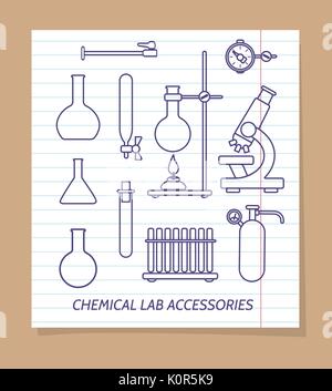 Chemical lab accessories line icons on notebook page, vector illustration Stock Vector