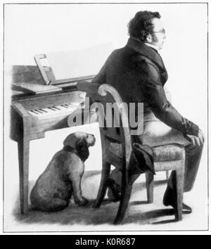 Franz Schubert  - portrait at piano with dog - Austrian composer - at  Atzenbrugg Castle - part of painting by Kupelweiser of Schubert watching his friends playing charades - 31 January 1797 - 19 November 1828 Stock Photo