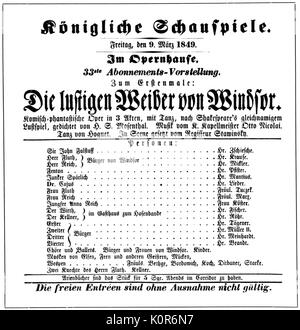 Otto Nicolai -  The Merry Wives of Windsor (Die lustigen Weiber von Windsor)  Announcement of premiere at Berlin State Opera 9th March, 1849. Died 2 months after this production.  ON: German composer and conductor, 9 June 1810 – 11 May 1849. Stock Photo