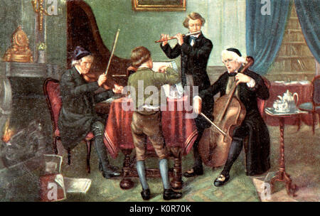 Flute Quartet Early 19th century painting; early romantic.  Flute, Violin, Viola, Cello. Stock Photo