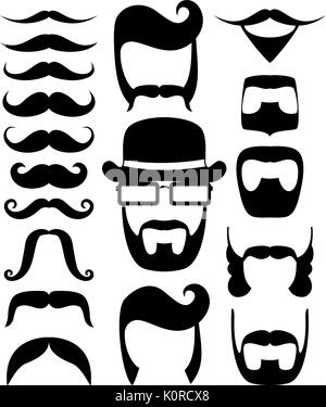 set of black moustaches and beard silhouettes, design elements for party props isolated on white background Stock Vector