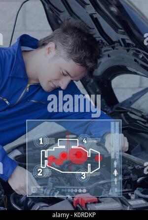 Digital composite of Car interface against man repairing a car Stock Photo