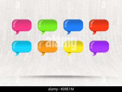 Digital composite of Group of Shiny chat bubbles floating in room Stock Photo