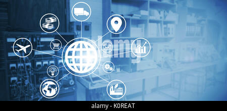 Composite image of globe amidst various icons against workshop Stock Photo