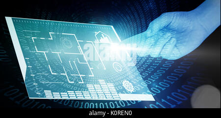 Cropped hand pointing on white background against spiral of shiny binary code Stock Photo