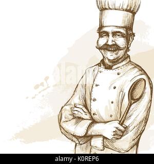 Smiling and happy chef. Vector hand drawn illustration on artistic watercolor background. Stock Vector