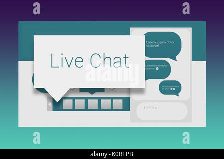 Speech bubbles with live chat text against turquoise and purple background Stock Photo