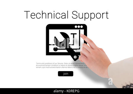 Businesswoman pointing against tool with technical support text Stock Photo