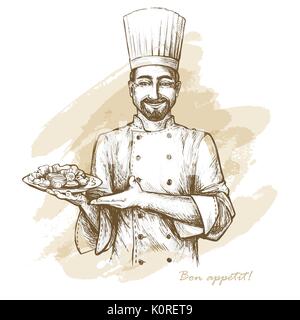 Smiling and happy chef with plate. Vector hand drawn illustration on artistic watercolor background. Stock Vector