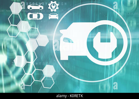 Vector image of car and tools against binary codes and lines Stock Photo