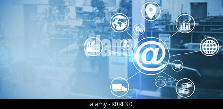 Composite image of at symbol amidst various icons against image of machinery Stock Photo