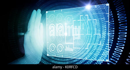 Cropped hand gesturing against spiral of shiny binary code Stock Photo
