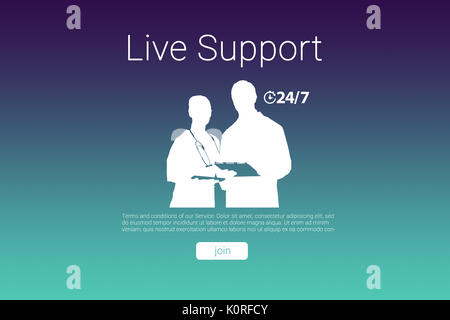 Live support text with human representations against turquoise and purple background Stock Photo