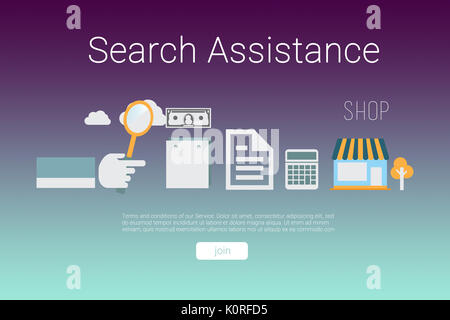 Icons with search assistance text against purple and blue background Stock Photo