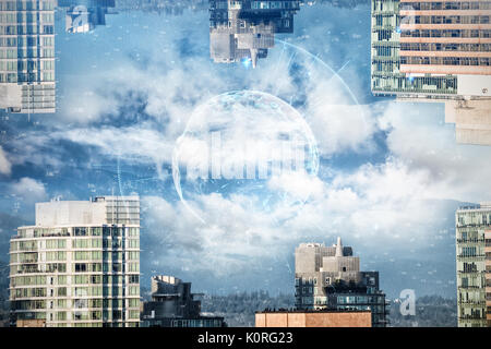Image of earth with different times against buildings in city against blue sky Stock Photo
