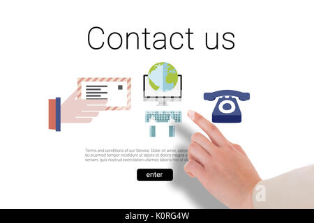 Businesswoman pointing against icons with contact us text Stock Photo