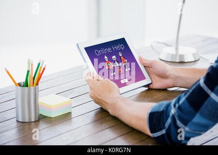 Graphic image of human representations with alphabets against  close up of hands using a tablet computer Close up of hands using a tablet computer on  Stock Photo