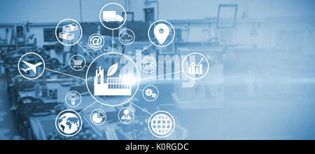 Composite image of industry amidst various icons against image of machinery Stock Photo