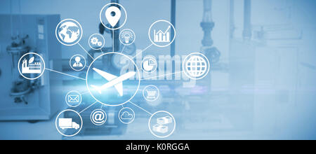 Composite image of airplane amidst various icons against workshop Stock Photo