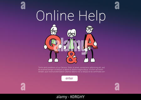 Human representations with letters and online help text against pink and purple background Stock Photo