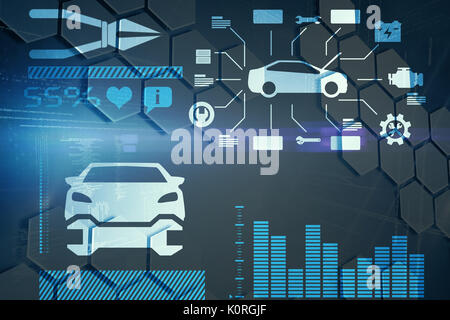 Digital composite image of car surrounded by tools against hexagons in molecular structures Stock Photo