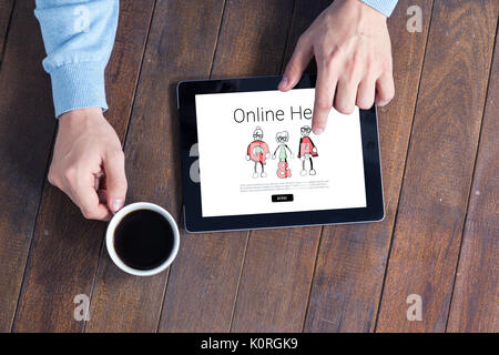 Human representations with letters and online help text against man using digital tablet while having cup of coffee Stock Photo