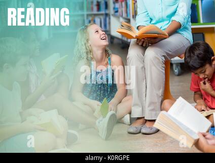 Digital composite of Reading text and Elementary School teacher with class Stock Photo