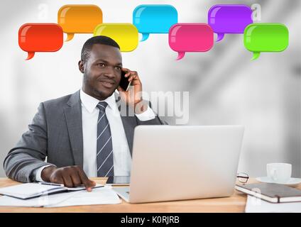 Digital composite of man on phone with shiny chat bubbles Stock Photo