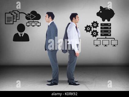 Digital composite of Computer storage options with Businessman looking in opposite directions Stock Photo