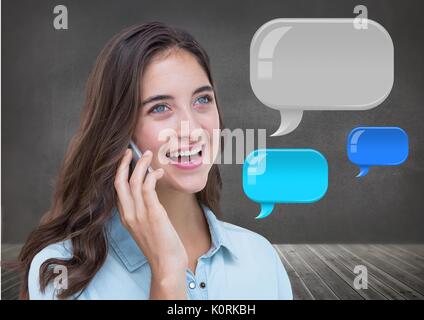 Digital composite of Woman on phone with shiny chat bubbles Stock Photo