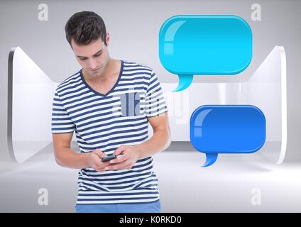 Digital composite of man on phone with two shiny chat bubbles Stock Photo