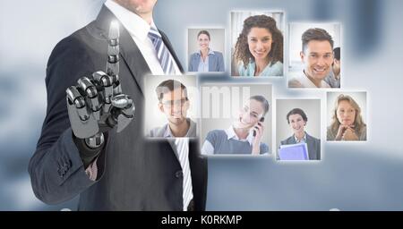 Digital composite of Robotic android Businessman interacting and choosing a person from group of people interface Stock Photo