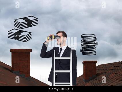 Digital composite of Businessman on property ladder with Roofs and money icons Stock Photo