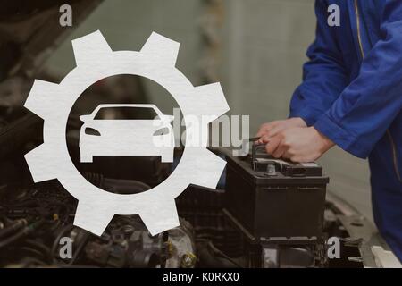 Digital composite of Car and nut icon against repair shop Stock Photo