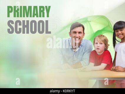 Digital composite of Elementary school text and teacher with class Stock Photo