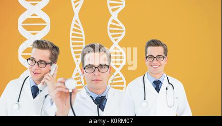 Digital composite of Doctor collage standing with DNA strands against yellow background Stock Photo