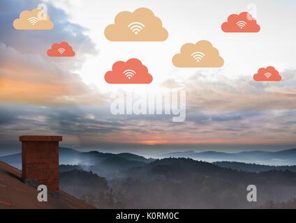 Digital composite of Upload clouds floating over roof and landscape Stock Photo