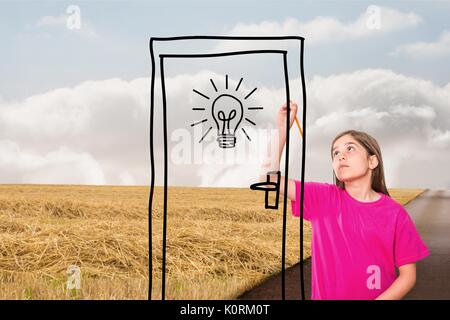 Digital composite of Girl drawing a door on the road Stock Photo