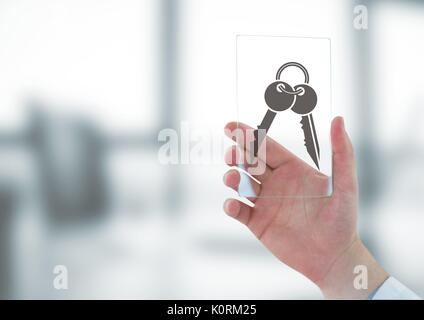 Digital composite of Business man holding a glass with keys icons Stock Photo
