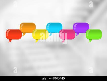 Digital composite of Group of Shiny chat bubbles floating in room Stock Photo