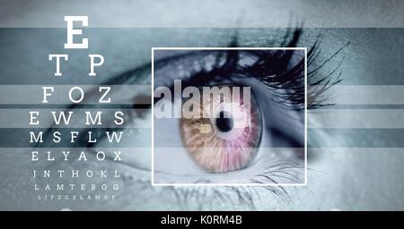 Digital composite of eye focus box detail and lines and Eye test interface Stock Photo