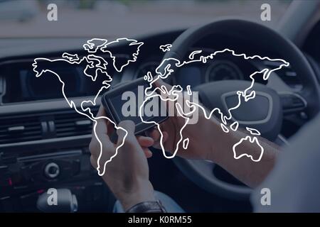 Digital composite of World map icon against person in the car Stock Photo