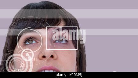 Digital composite of woman with eye focus box detail and lines interface Stock Photo