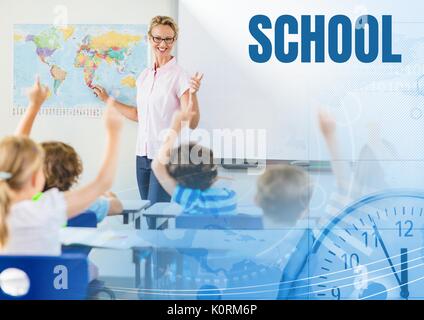 Digital composite of School text and Elementary school teacher with class Stock Photo