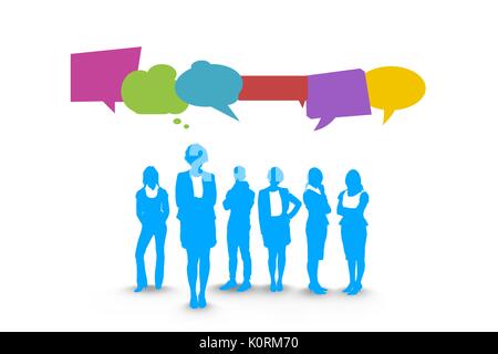 Digital composite of Business people silhouettes with speech bubbles against white wall with world map Stock Photo