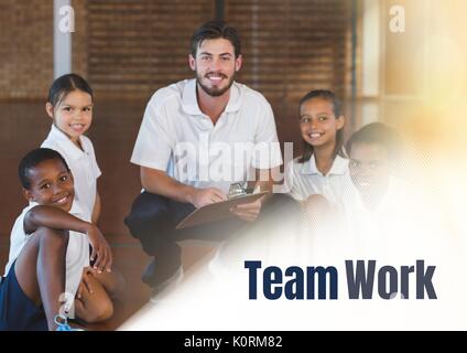 Digital composite of Team work text and Physical education teacher with class Stock Photo