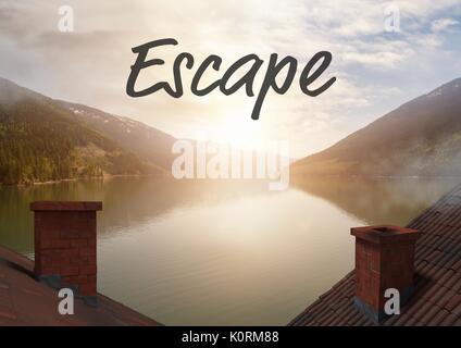 Digital composite of Escape text over rooftops by mountain lake Stock Photo